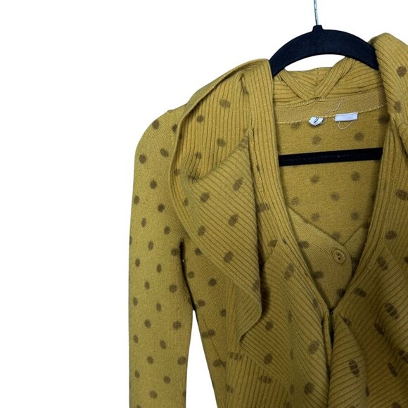 Anthropologie Moth Van Wrinkle Mustard Gold Dot Ruffle Cardigan Sweater Size XS - Picture 3 of 12